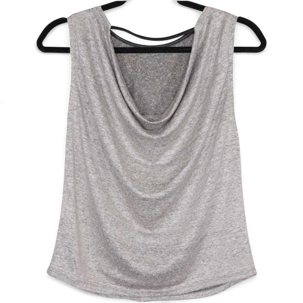 Alice + Olivia Kassie Tank Top Linen Blend Cowl Back Gray Casual Leather Trim
